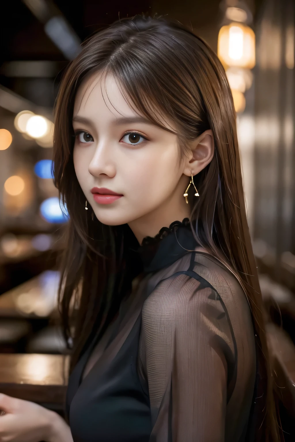 masterpiece, highest quality, Realistic, Very detailed, Finer details, High resolution, 8k wallpaper, One beautiful woman, Wear a black see-through shirt, In a great restaurant, At night, Light brown messy hair, Perfect dynamic composition, Beautiful and beautiful eyes、Big earrings