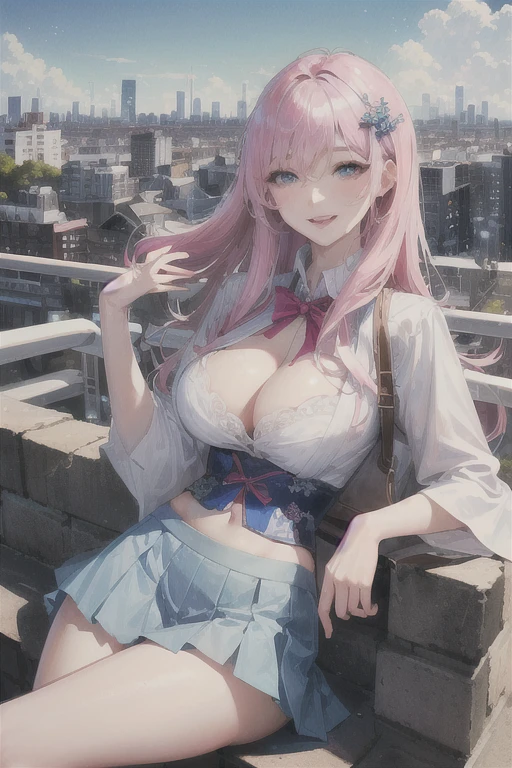 official art, masterpiece, sharp focus, (beautiful gorgeous cute Korean woman:1.3), (beautiful cute korean:1.3), korean beauty, Delicate and beautiful hair and eyes and face, realistic, ultra detailed, beautiful girl, blue sky, glow white particle, (sidelighting:1.2), sun light, white cloud, detailed clouds, slender, Lovely very large breasts and very large hips, smile with teeth, ((smile with eyes, open both eyes)), scenery, long straight hair, sexy facial expression, building, (cityscape:1.7), dynamic hair, long straight hair, detailed platinum pink hair, glow blue eyes, (blue pleated shirts + white skirt), white long socks, pale skin, hair ornament, epic scenery,