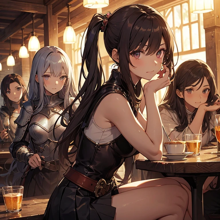 A group of female medieval fantasy adventurers, (in tavern), various hair styles, harem, night, details face, short skirt, seducing, sleeveless, armor