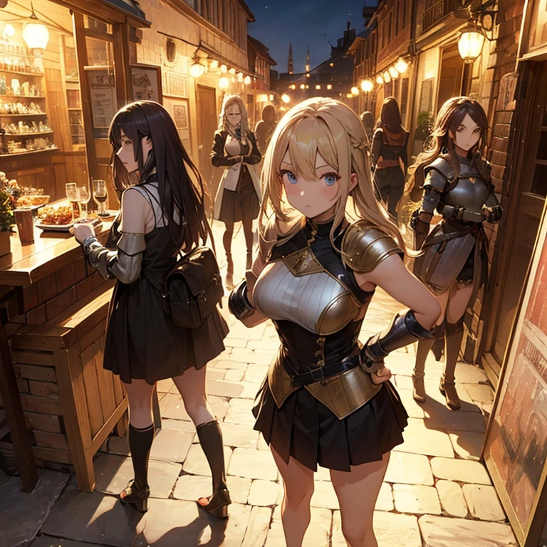 A group of female medieval fantasy adventurers, (in tavern), various hair styles, harem, night, details face, short skirt, seducing, sleeveless, armor