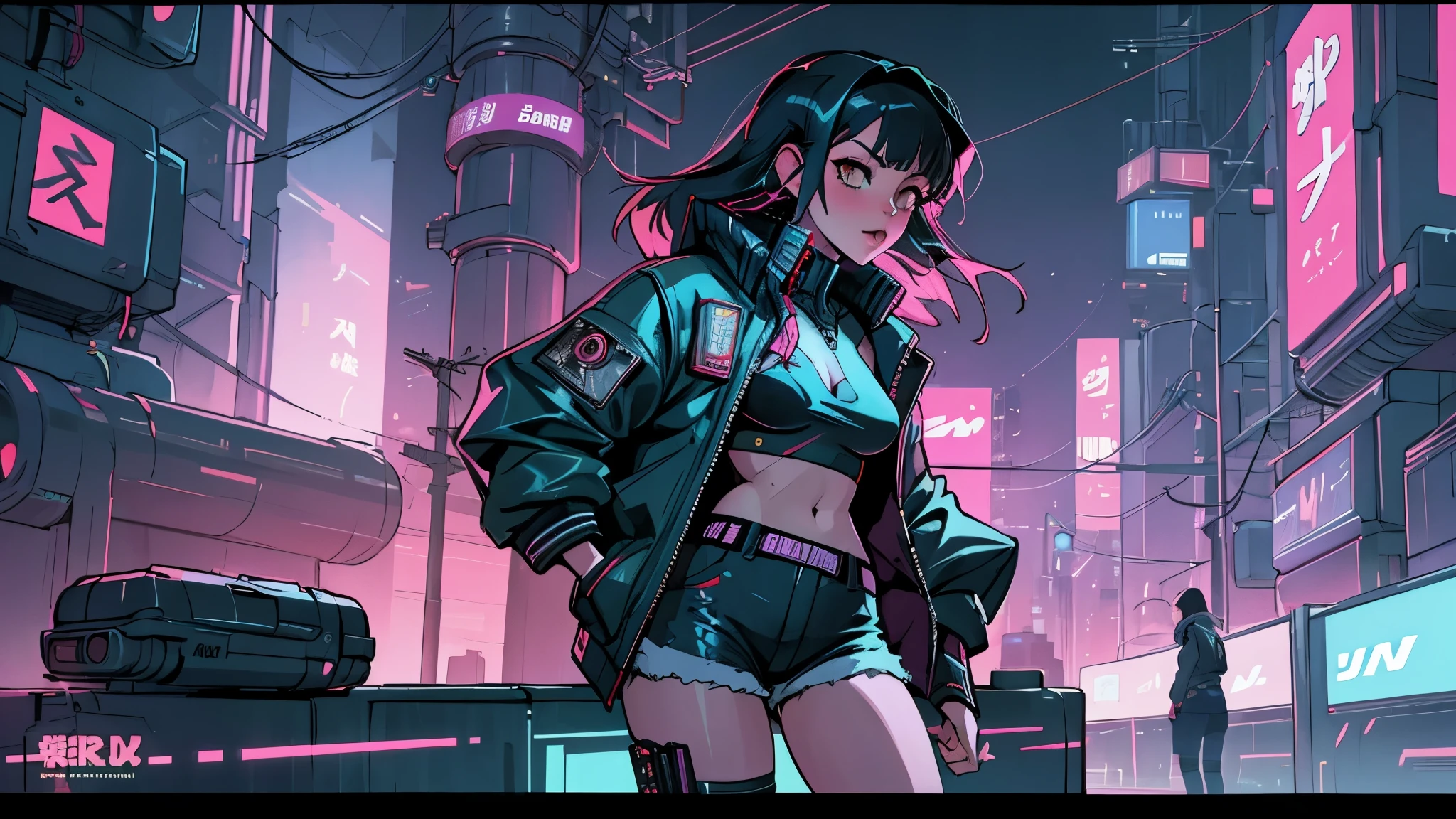 a close image of a sexy woman in shorts and jacket, Cyberpunk theme, digital cyberpunk anime art, high definition, high resolution, intricate details