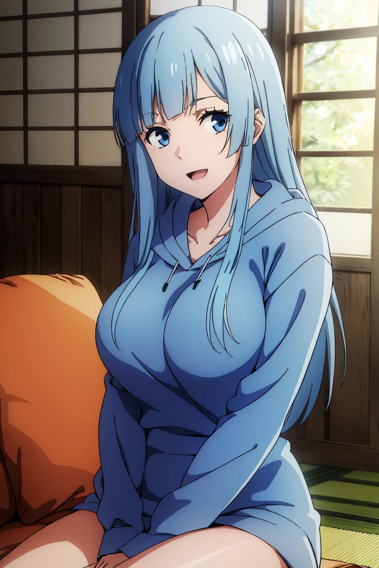 (extremely detailed CG unity 8k wallpaper),(masterpiece),(best quality),(ultra-detailed),(best illustration),(best shadow),(absurdres), Kasumi, 1girl, solo, blue hair, long hair, blue eyes, smile, holding, bangs, blunt bangs, indoors, upper body, open mouth, straight hair, long sleeves, hoodie, thick hoodie, white hoodie strings, sitting on couch, large breasts, hands in lap, thick thighs, facing camera, leaning forward in enthusiasm, looking at viewer, wide hips, beautiful japanese garden background,