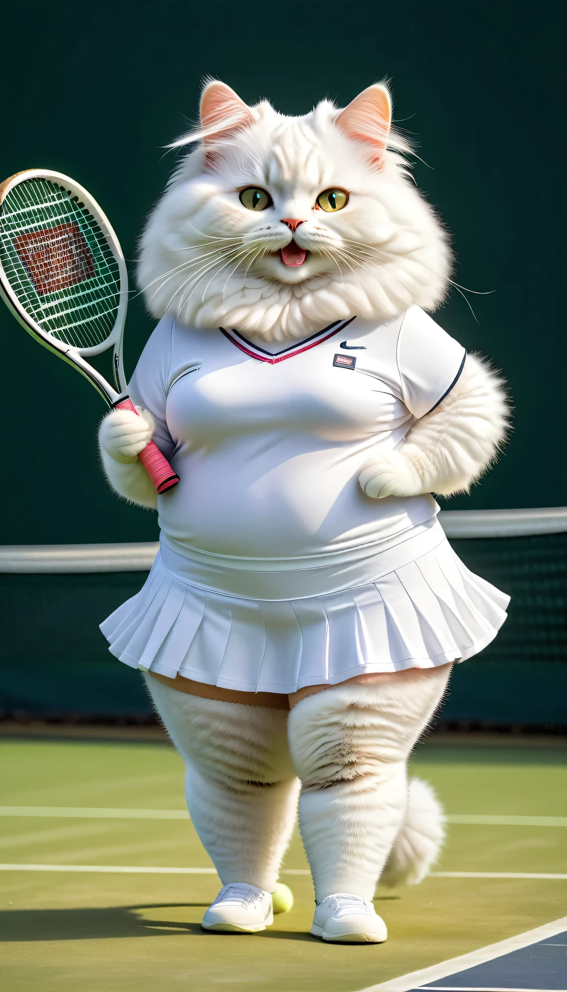 photorealistic portrait of Dressed animals - a (fat) angora cat tennis player,(hand on hip:1.5),(happy smile),(furry), high quality,(lovely) ,intricate details, highly detailed (female tennis wear),white frilled skirt and underwear, holding tennis racket,　grass tennis court background, (happy), perfect lighting,(full body image:2.0)