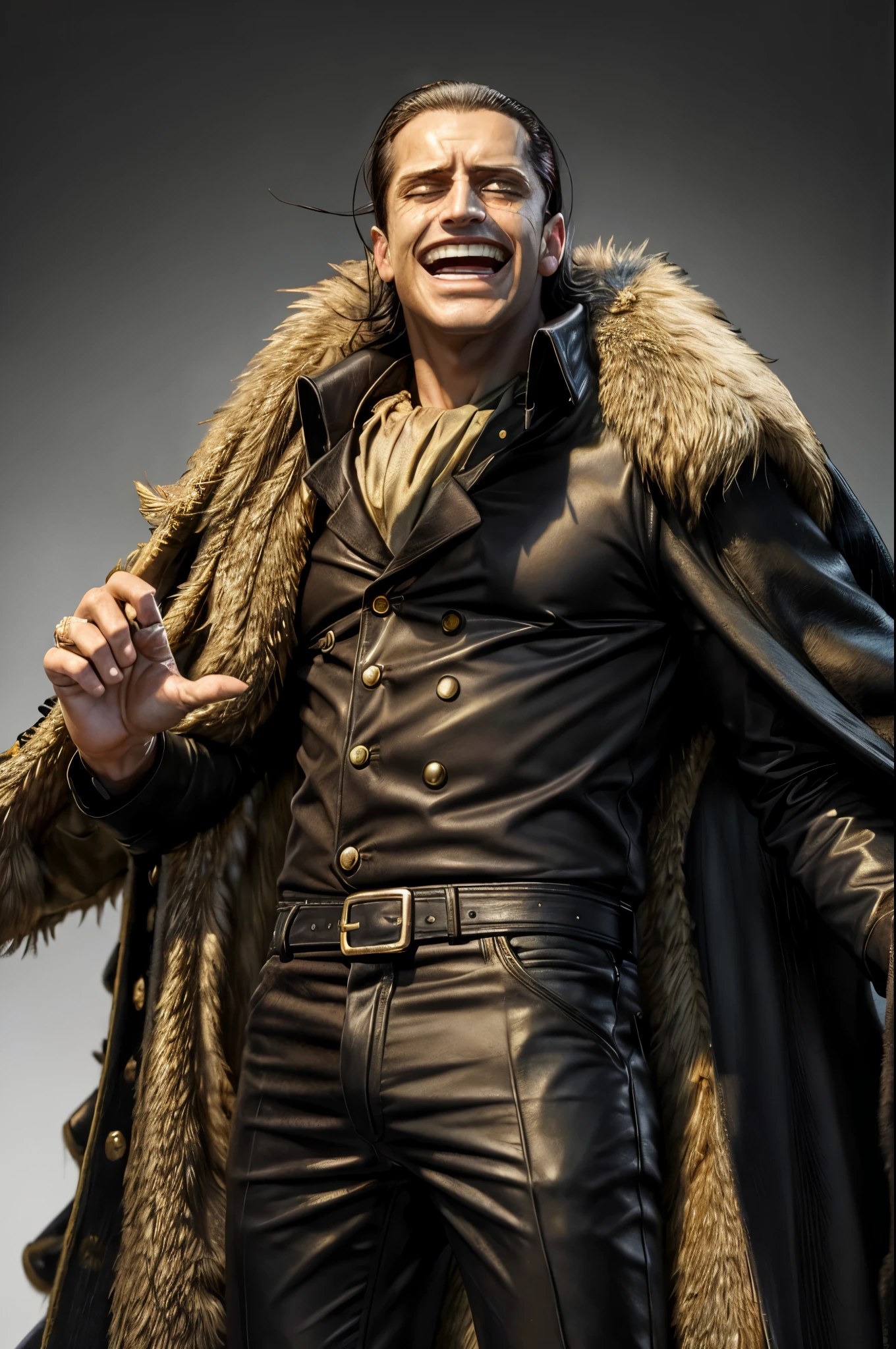 masterpiece, best quality, extremely detailed, hyperrealistic, photorealistic, a cool 40s man, ultra detailed face:1.2, fur-trimmed coat, scarf around the neck, his left hand is a golden pirate hook, raising hands, claw pose:1.2, laughing, white background
