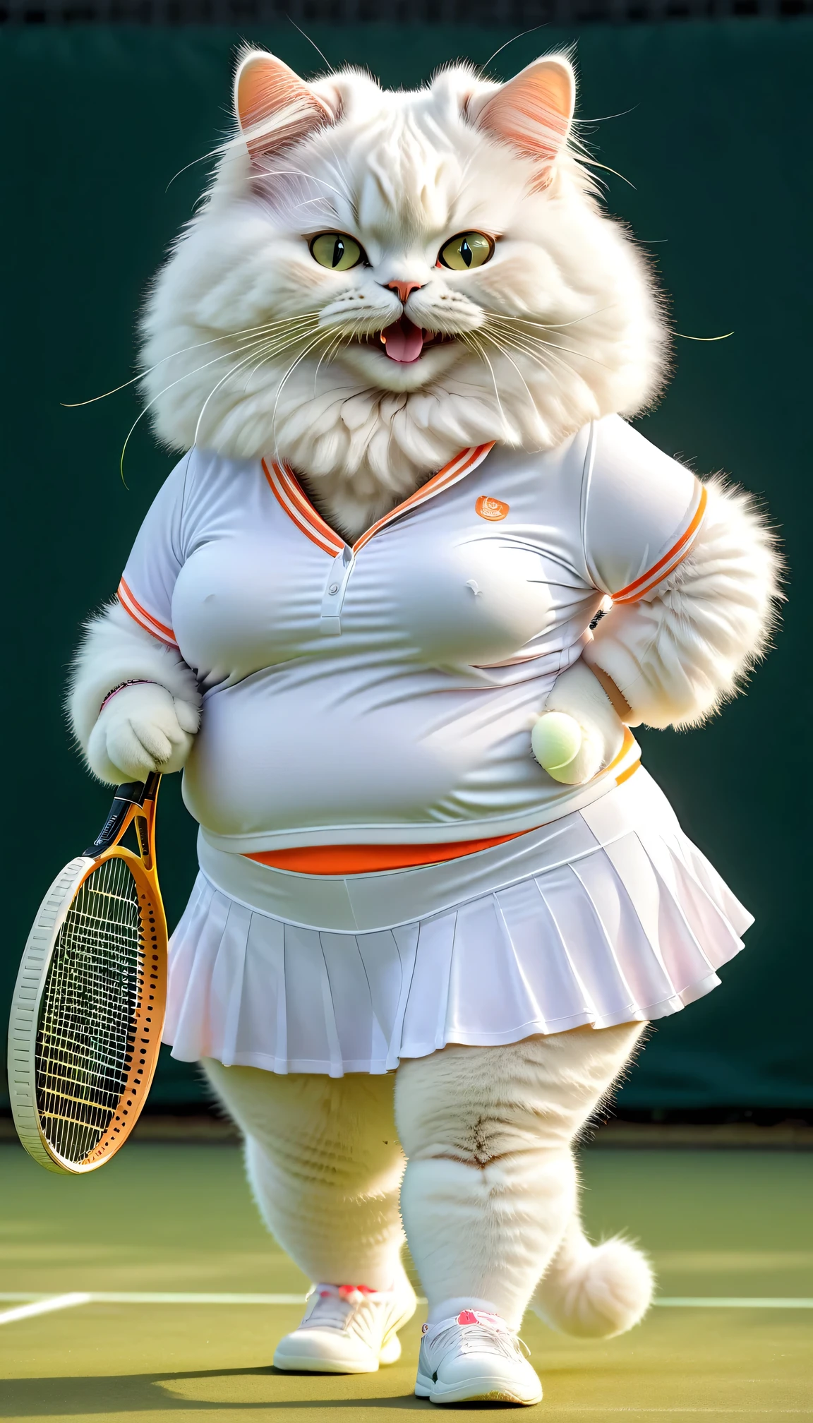 photorealistic portrait of Dressed animals - a (fat) angora cat tennis player,(hand on hip:1.5),(happy smile),(furry), high quality,(lovely) ,intricate details, highly detailed (female tennis wear),white frilled skirt and underwear, holding tennis racket, grass tennis court background, (happy), perfect lighting,(full body image:2.0)