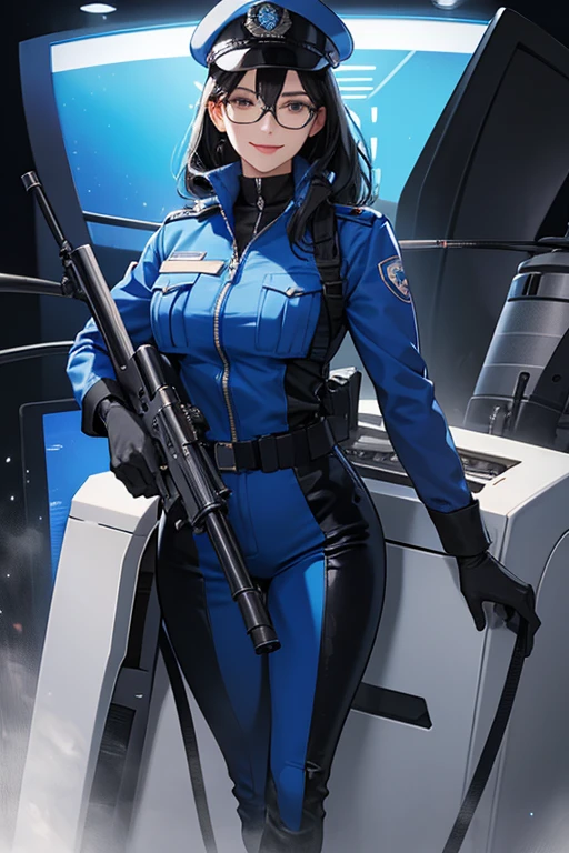 A mature policewoman with glasses and black hair in a blue enamel catsuit, wearing white boots, white gloves, a blue police hat and a machine gun in her hand, smiling