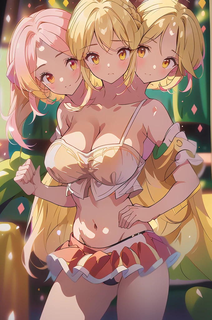 (masterpiece, best quality), best quality, best resolution, (ultra-detailed), (3heads:1.5), 1girl, (yuki:1.3), masterpiece, best quality, ultra quality, ultra resolution, ultra detail, dark red and pink top, crop top, ((stomach)), midriff, ((groin)), dark red and pink skirt, normal ears, shackles, blonde hair, very long hair, wavy hair, sidelocks, yellow eyes, parted lips, open belly, sweat, cute, toned belly, hand on own chest, eyelashes, (24 year old woman:1.3), (masterpiece:1.5), (best quality:1.5), (beautiful detailed), extremely detailed CG, extremely delicate and beautiful, depth of field, (finely detailed face), (perfect details:1.2), (mature female:1.3), wide pelvis, slender, large veiny breast, 16k resolution, highres, very high quality, very high definition, extremely detailed, masterpiece, best quality, blonde hair, long hair, alluring presence, braid, short skirt, close up, big tits, young, pink ribbon, girl with three heads, same hair color, blonde,