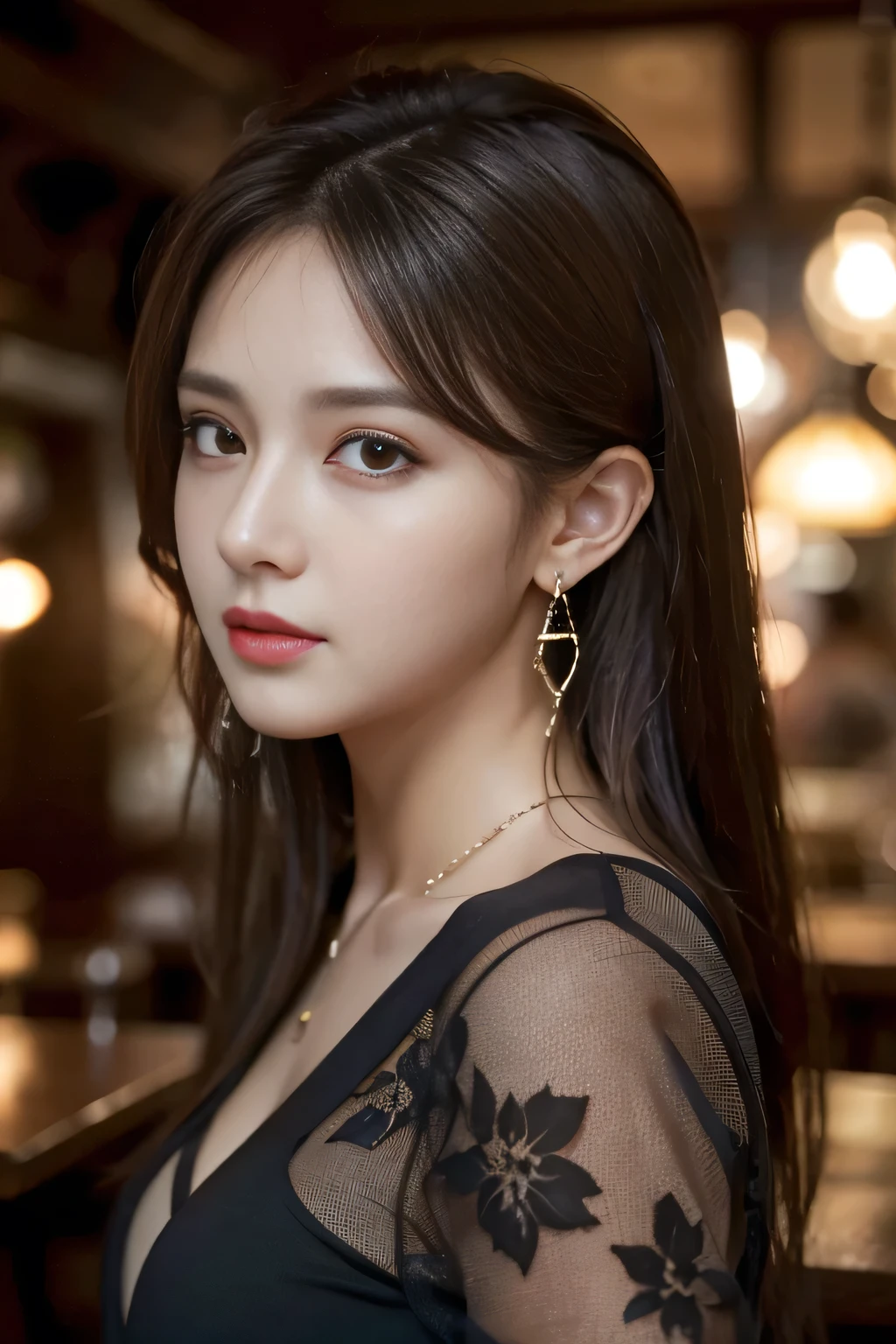 masterpiece, highest quality, Realistic, Very detailed, Finer details, High resolution, 8k wallpaper, One beautiful woman, Wear a black see-through shirt, In a great pub restaurant, At night, Light brown messy hair, Perfect dynamic composition, Beautiful and beautiful eyes、Big earrings