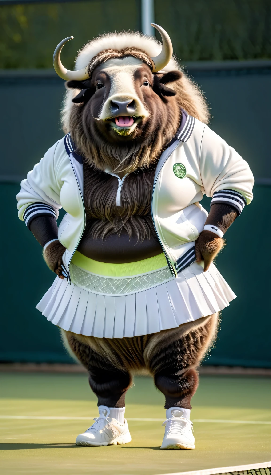 photorealistic portrait of Dressed animals - a (fat) musk ox tennis player,(hand on hip:1.5),(happy smile),(furry), high quality,(lovely) ,intricate details, highly detailed (female tennis wear),white frilled skirt and underwear, holding tennis racket,　grass tennis court background, (happy), perfect lighting,(full body image:2.0)