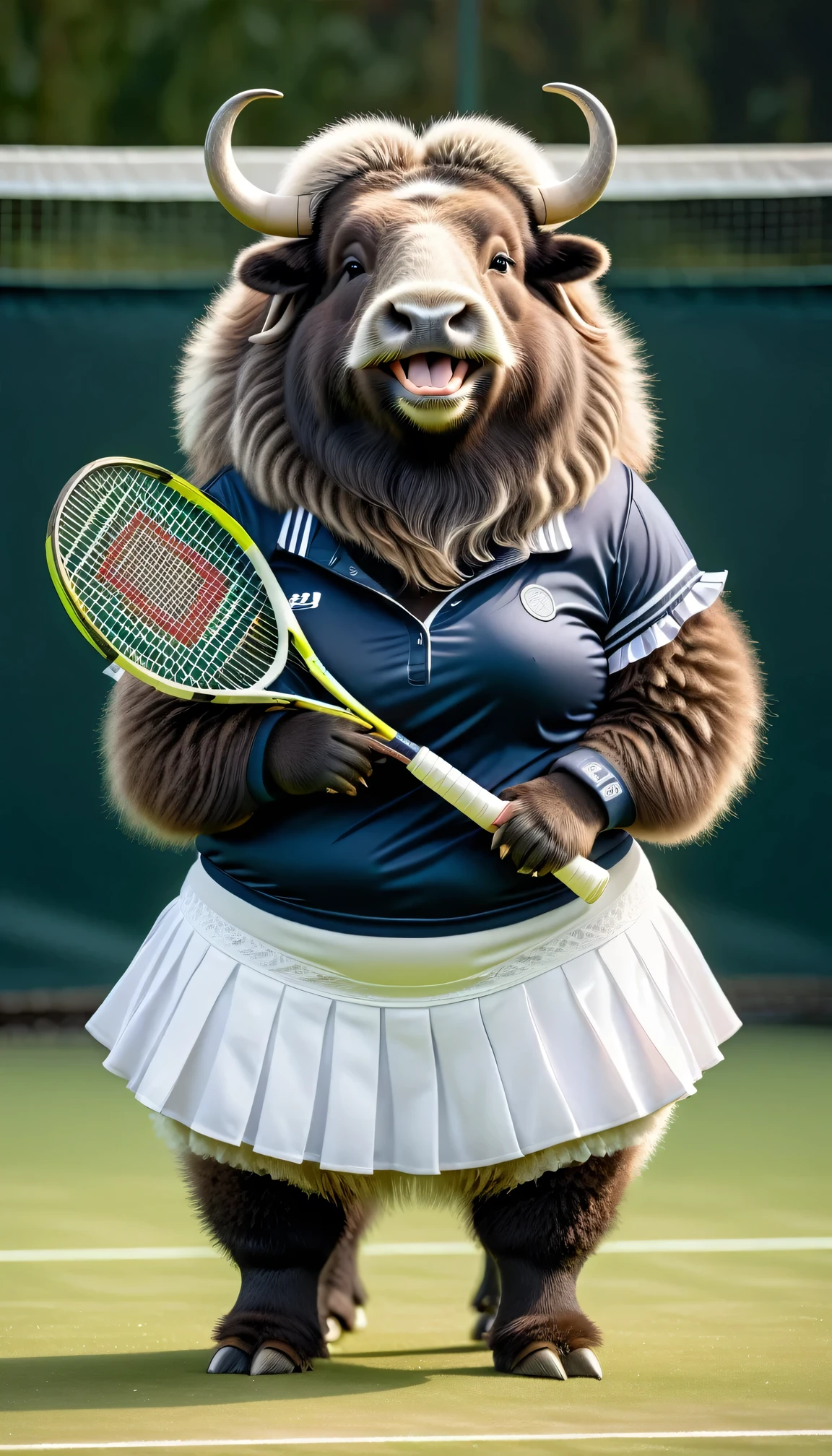 photorealistic portrait of Dressed animals - a (fat) musk ox tennis player,(hand on hip:1.2),(happy smile),(furry), high quality,(lovely) ,intricate details, highly detailed (female tennis wear),white frilled skirt and underwear, holding tennis racket,　grass tennis court background, (happy), perfect lighting,(full body image:2.0)