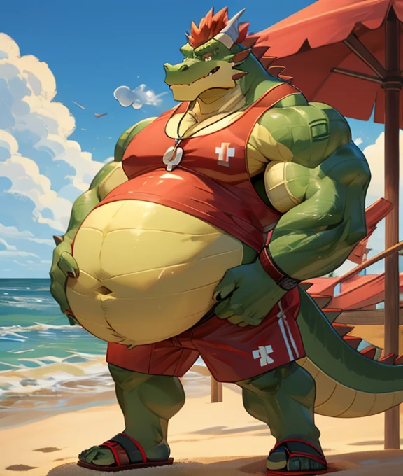 Big buff green cartoon crocodile with a ginormously oversized inflated beige stomach, high green, red eyes, big bellybutton, green back, lifeguard tank top overhanging on top of his huge stomach, green necklace with dragon tooth, concerned look on his face, high pink blushing, spiky red mohawk hairline, red arm necklace, huge ginormous muscular build with nipples, body hair across his chest and oversized stomach, water dribbling from his muscular body, red lifeguard shorts, sandals, standing on a beach resort in a ready to fart position and farting out a huge enormous light green toxic gas cloud coming out of his tailhole behind him leaving a putrid smell