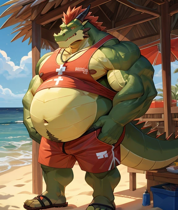 Big buff green cartoon crocodile with a ginormously oversized inflated beige stomach, high green, red eyes, big bellybutton, green back, lifeguard tank top overhanging on top of his huge stomach, green necklace with dragon tooth, concerned look on his face, high pink blushing, spiky red mohawk hairline, red arm necklace, huge ginormous muscular build with nipples, body hair across his chest and oversized stomach, water dribbling from his muscular body, red lifeguard shorts, sandals, standing on a beach resort in a ready to fart position and farting out a huge enormous light green toxic gas cloud coming out of his tailhole behind him leaving a putrid smell