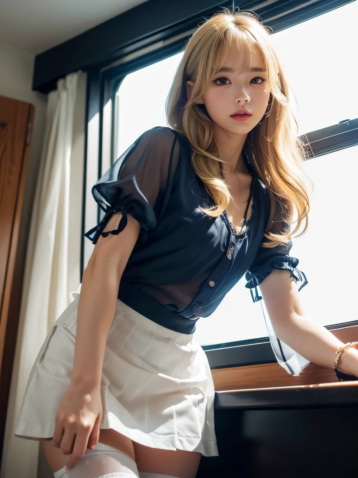 8K、Photo image masterpiece、highest quality、Super-resolution、Low angle view from the feet、Molester、Voyeur、Beautiful woman with golden, messy curly hair、((Blonde beauty))、With bangs、Impossibly cute face、And slim、Small breasts、High resolution、masterpiece、Exquisite Function 、Delicate eyes、Delicate blonde hair、8K quality、Pale light and shadow、Dindal effect、Blond hair blown by the wind、With bangs、Random Hairstyles、((A photo from the delicate feet)、(Detailed RAW Photos of Girls)、(Tabletop:1.25)、 (Highest quality:1.6)、(超High resolution:1.5)、(Real:1.75)、8K resolution、 (RAW Photos:1.2)、(Realistic:1.4)、Beautiful detailed woman、Very narrow waist、Very detailed eyes and face、Beautiful fine details、She is looking at the window、Ridiculous、Large file size、Very detailed、High resolution、highest quality、masterpiece、((A light navy blue summer blouse and a white skirt))、Very detailed、CG、Unified、8k wallpaper、wonderful、The finer detailasterpiece、highest quality、 Light on the face、sunglasses、Cinema Lighting、One 23 year old woman、((Inside a crowded train、The crowd surges around where she stands.、Anxious expression、Molester man on either side、The Molester man on the right touches her thighs、The Molester man on the left is groping her breasts.、Wearing high heels、White Stockings、garter belt、Lighting from below、The inside of the skirt is also clearly visible.、Liked images、Voyeur: T-back panties of random colors and shapes peeking out from under a skirt、See-through thong panties、))