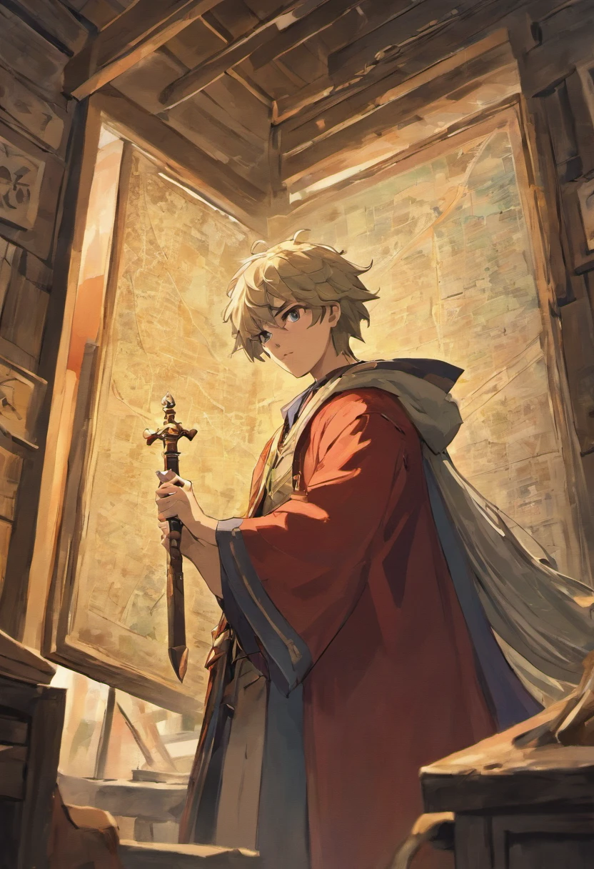 Felipe at the old man's house. Alberto, receiving the magic sword and the detailed map of the mountains.