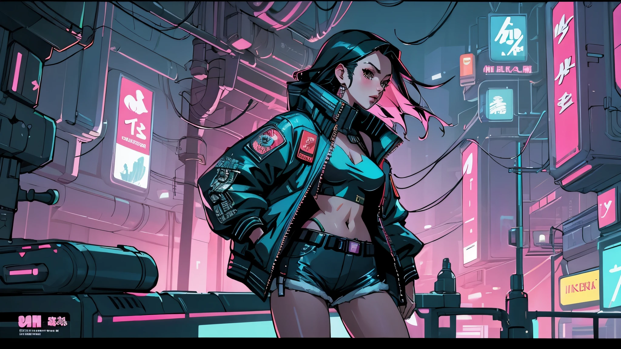 a close image of a sexy woman in shorts and jacket, Cyberpunk theme, digital cyberpunk anime art, high definition, high resolution, intricate details