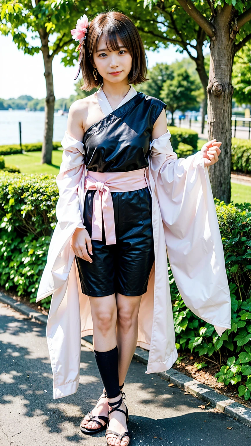 (8k、RAW Photos、highest quality、masterpiece:1.2)、(Realistic、Realistic)、1 girl、((Short shrine maiden costume、smile、Off the shoulder、See-through、Pink and black、Long-sleeved kimono、I can see your feet、Shorts、Sandals、garden、Ribbon Belt、Semi-long hair、Standing with hands on hips))、Lots of eyelashes、Glowing eyelids、skeletally correct