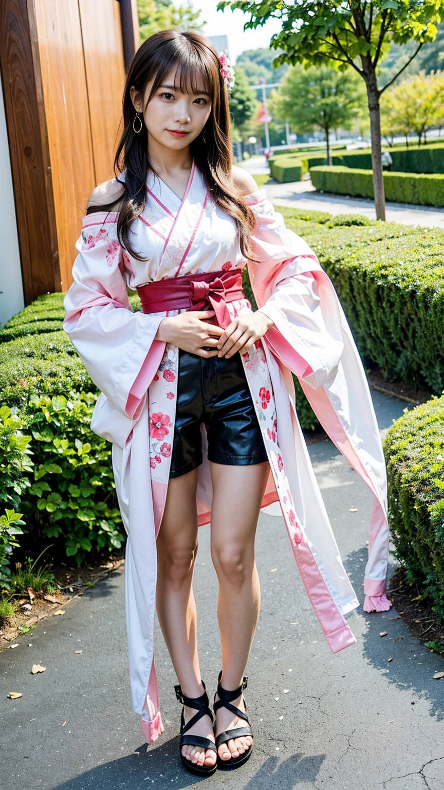 (8k、RAW Photos、highest quality、masterpiece:1.2)、(Realistic、Realistic)、1 girl、((Short shrine maiden costume、smile、Off the shoulder、See-through、Pink and black、Long-sleeved kimono、I can see your feet、Shorts、Sandals、garden、Ribbon Belt、Semi-long hair、Standing with hands on hips))、Lots of eyelashes、Glowing eyelids、skeletally correct