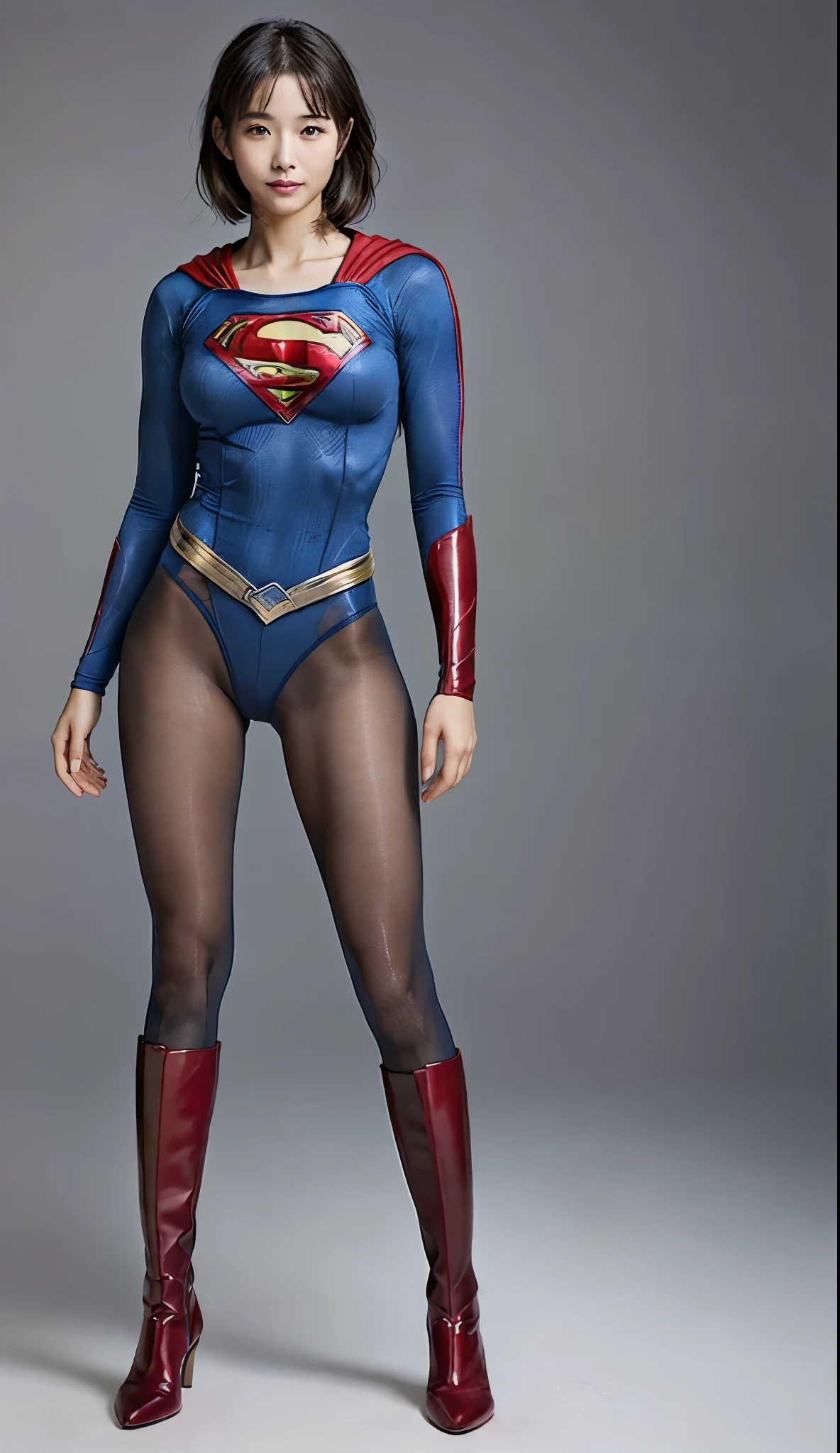 No background、(((Beautiful legs in black tights.)))、(((Legally express the beauty of your smile)))、((((Make the most of your original images)))、(((Supergirl Costume)))、(((Beautiful Hair)))、(((Smiles and winks)))、(((Please wear black tights....、Wear red boots)))、((Best image quality、8k))、((highest quality、8k、masterpiece:1.3))、(((Preserve background )))、Sharp focus:1.2、Beautiful woman with perfect figure:1.4、Slim Abs:1.2、Wet body:1.5、Highly detailed face and skin texture、8k