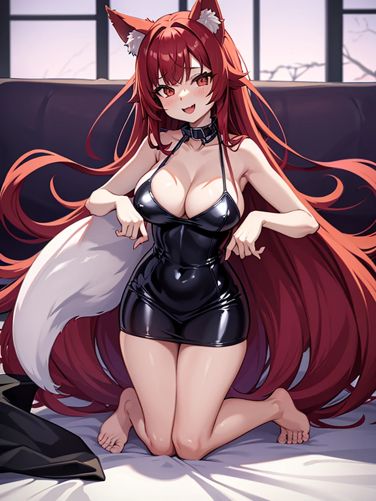 Happy woman, with wolf ears and red hair, holding her cheeks, wolf tail, wearing a latex dress, looking at veiwer, full body, you can see her chest, naked breasts