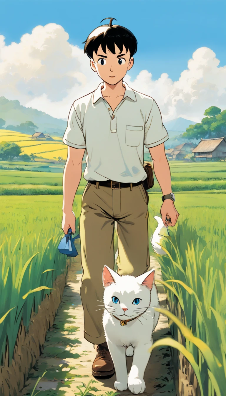 Tintin, male wearing white polo shirt and brown cargo pants, slick and neat short black hair, herge, european comics, walking in rice paddy field, with blue eyes white cat