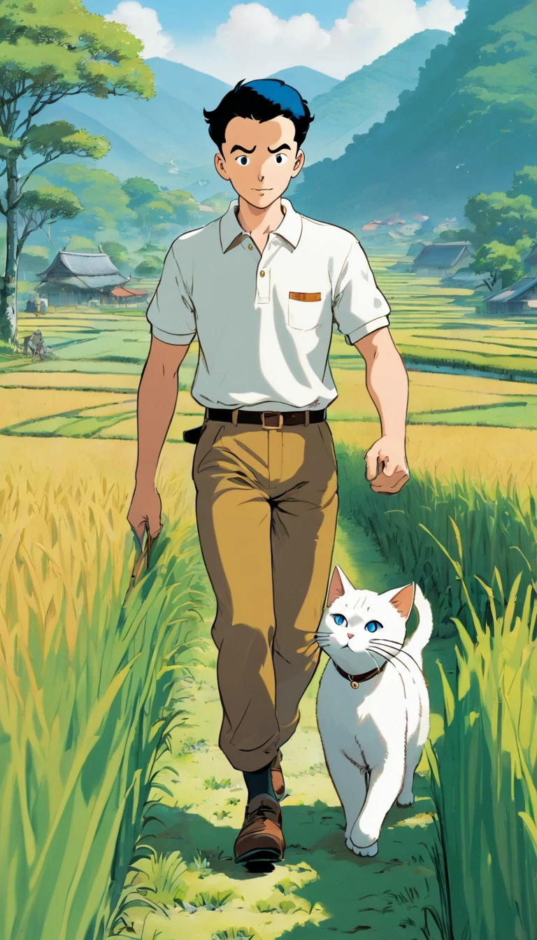 Tintin, male wearing white polo shirt and brown cargo pants, slick and neat short black hair, herge, european comics, walking in rice paddy field, with blue eyes white cat