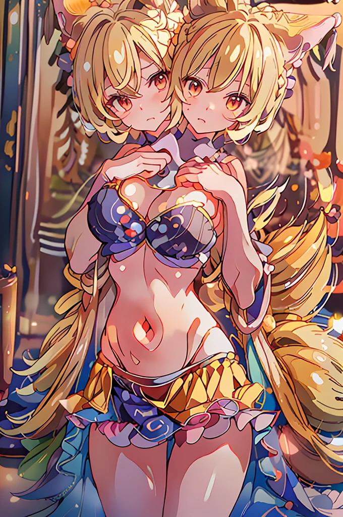 (masterpiece, best quality), best quality, (ultra-detailed), (3heads:1.5), 1girl, (yakumo ran:1.3), masterpiece, best quality, ultra quality, ultra resolution, ultra detail, blue top, crop top, ((stomach)), midriff, ((groin)), blue skirt, normal ears, shackles, blonde hair, very long hair, wavy hair, sidelocks, yellow eyes, detailed eyes, parted lips, single horn, sweat, cute, toned belly, hand on own chest, eyelashes, (25 year old woman:1.3), (masterpiece:1.5), (best quality:1.5), (beautiful detailed extremely detailed CG, extremely delicate and beautiful, depth of field, (finely detailed face), (perfect details:1.2), (mature female:1.3), wide pelvis, slender, large veiny breast, 16k resolution, highres, high quality, high definition, extremely detailed, masterpiece, blonde hair, long hair, alluring presence, braid, short skirt, close up, big tits, young, bob cut, fox ears, fox girl, fox tail, multiple tails, frilled hat, hat, (girl with three heads), 
