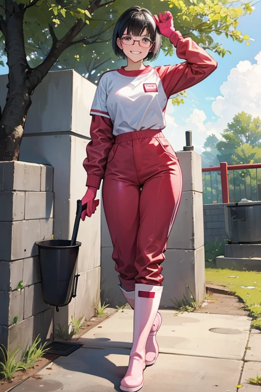 A high school girl with short black hair and glasses, wearing red long sleeves, long pants, and gym clothes, wearing white rubber boots and large pink rubber gloves, smiling as she cleans a dirty public toilet in a park