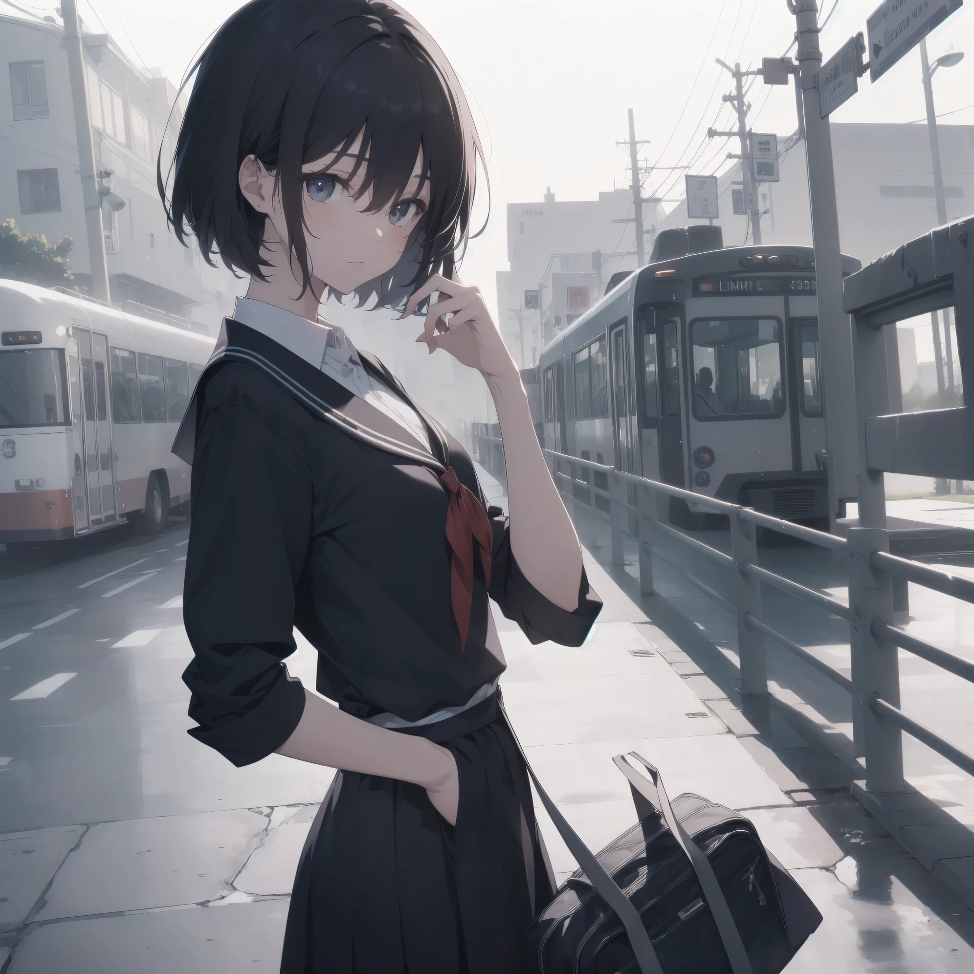 ultra-absurdres-Top quality by artist God, ultra-detailed, high resolution, anime moe artstyle, best anime 8k konachan wallpaper, pixiv contest winner, pool:2810, perfect anatomy,break, 1girl, (Please draw a girl walking sleepily to school alone. )break,(Solo,little female, 13-year-old:1.3),Full limbs, complete fingers,a junior high school student, (very short hair), short cut, flat chest, , small butt, small black eyes, beautiful detailed eyes, well-proportioned iris and pupils, expressive eyes, highres detailed hair, soft expression, salor school_uniform, sailor collar, serahuku, bow, pleated skirt,(Detailed Lighting), (Detailed background), in the School commute route. break,super detailed skin, Best cinematic lighting powered by famous artist, 8k,beauty illustration,photoshop_(medium),very aesthetic,break,((artist:yua_(checkmate) )), artist:clamp ,artist:carnelian ,artist:kantoku ,