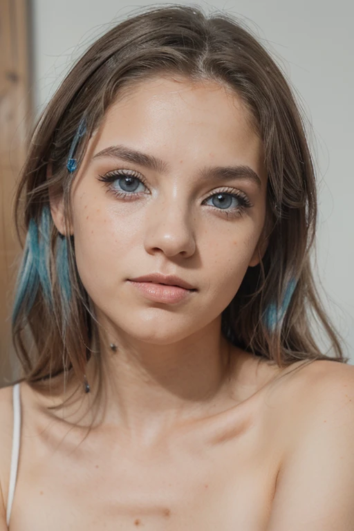Crea una mujer bonita, de piel blanca, con ojos azules de pelo rizado, con pocas pecas solo en la cara, que salga la fotografia en una sala estar, tomada con una camara profesional