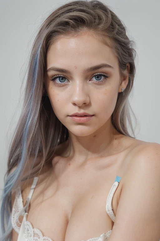 Crea una mujer bonita, de piel blanca, con ojos azules de pelo rizado, con pocas pecas solo en la cara, que salga la fotografia en una sala estar, tomada con una camara profesional