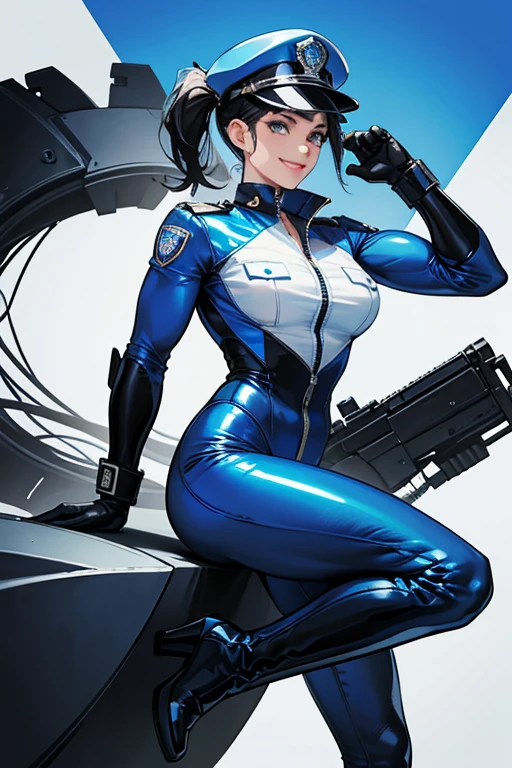 A muscular mature policewoman with black hair tied up in a blue patent leather catsuit, wearing white boots, white gloves, a blue police hat and a smiling face while holding a machine gun