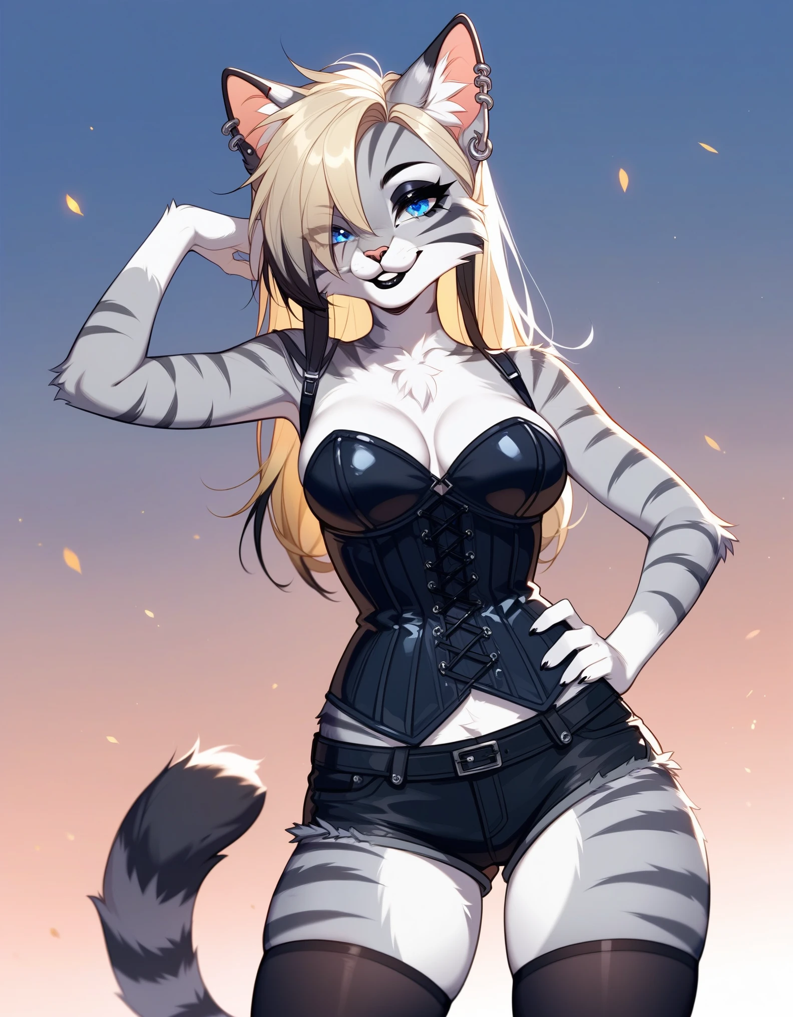 Solo, score_9,score_8_up,score_7_up, source_cartoon, source_furry, ((Kat, Anthro furry feline girl, blue eyes, silver fur, grey stripes)),  blonde hair with black highlights, hair covering one eye, black lips, eyes half open, soft smile, black mascara, black eyeliner, ear piercings, wearing black corset, black short shorts, black thigh high socks, one hand on hip, seductive modeling pose, outdoors, simple background,