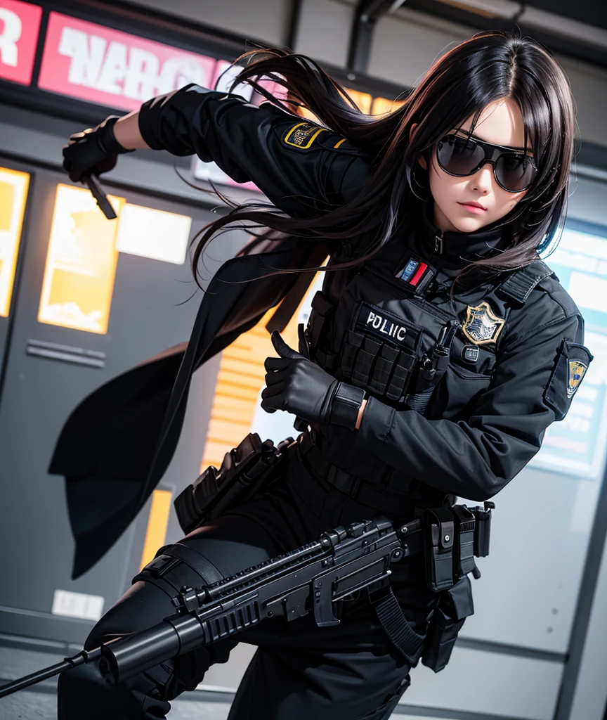 Police soldier woman, swat vest, black gloves, swat helmet head, behind long hair, ninja full mask with sun glasses eyes, grip assault ak74,