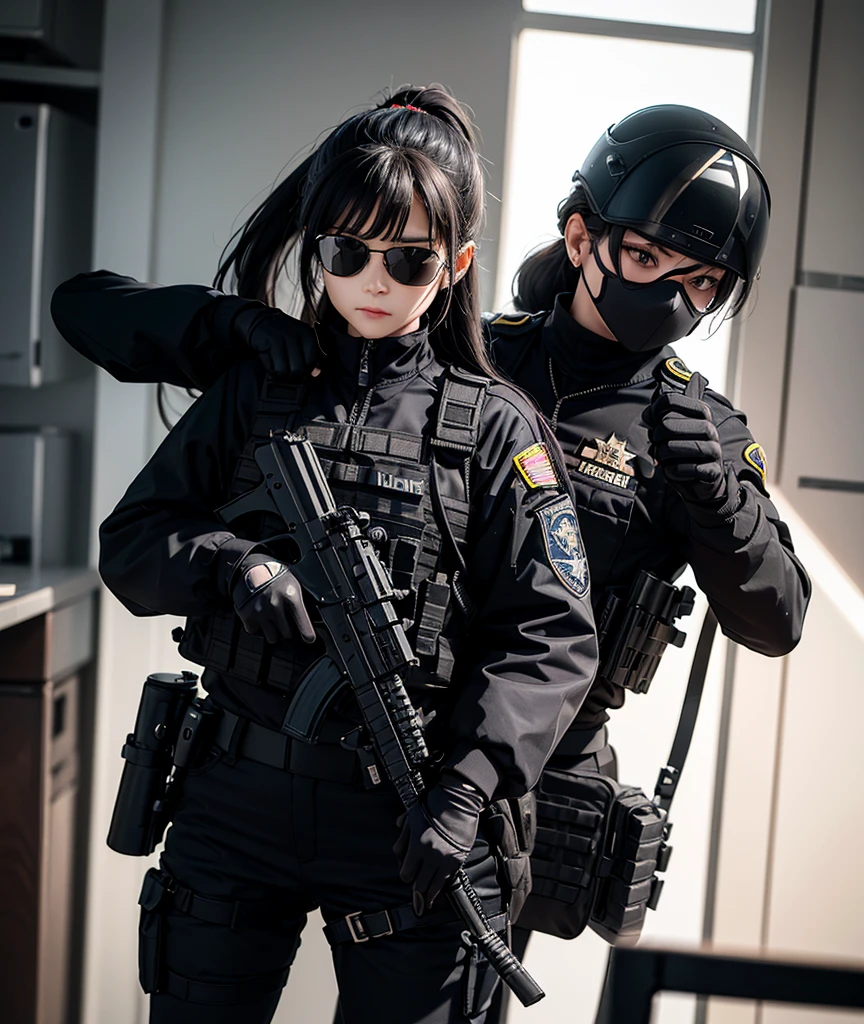 Police soldier woman, swat vest, black gloves, swat helmet head, behind long hair, ninja full mask with sun glasses eyes, grip assault ak74,