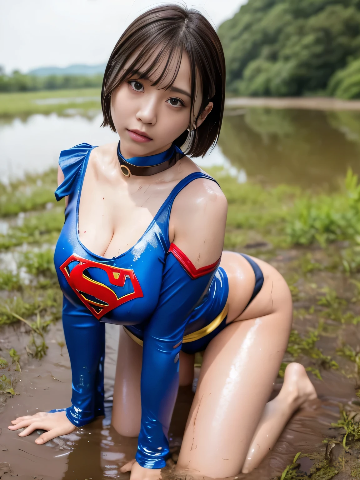 masterpiece、Supergirl Costume、short hair、barefoot、Big and ample breasts、Crisis situation、Complete surrender、Mud stains、Wetlands、Abused、Kneel、Sweaty、Shiny、looking at the camera、Splashing muddy water、choker、Long sleeve、Sexy poses to seduce、Poor environment、Humiliating、Off the shoulder、latex、