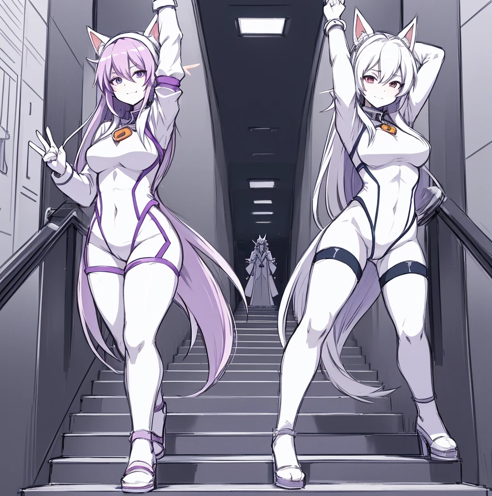 a sketch of a woman walking on the steps of an elevator ramp as another passes, a drawing of a debauchery priest lewd face, anime pose, pudica pose gesture, clean anime outlines, outlined!!!, fully body pose, full body zenkai! asuka suit, with arms up, sketchy artstyle, gesture drawn, holding a pudica pose
