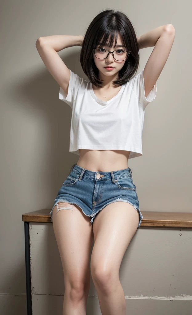 detailed_background, realistic, full body, 1girl, eye glasses, blushes, dark alley, black hair, shoulder length bob hair, bangs, cleavage, big bust, crotch_belly, crotch, small waist, bare legs, thighs, thicc_thights, knees, sneakers, white crop top t-shirt, denim mini skirt, sitting down, arms raised, armpit,