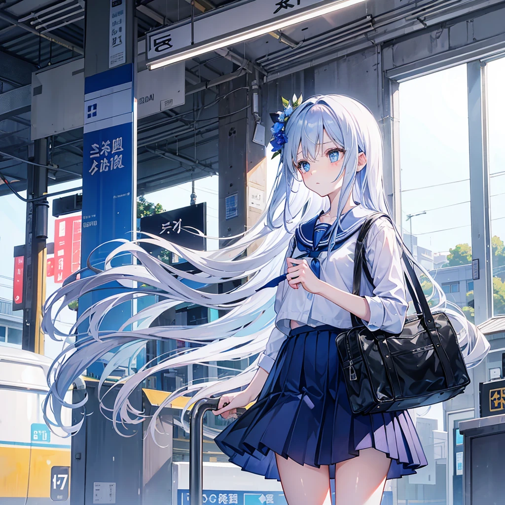 girl, ((looking away)), Train station,from below,Blue eyes, big eyes,droopy eyes, With blue flower corsage, serafuku,holding one school bag,Slender body,  White long hair, upper body