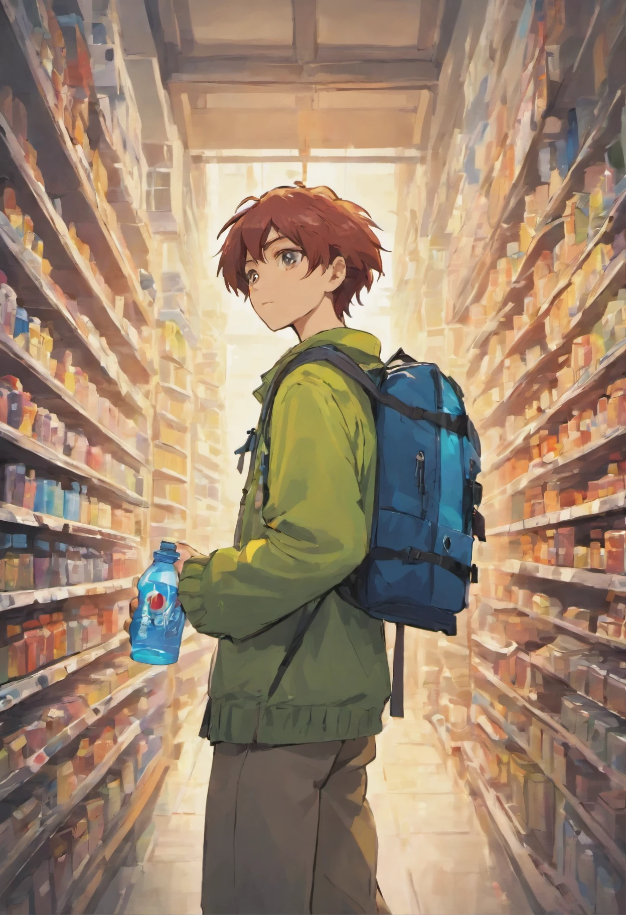 Felipe PACKING his backpack with provisions, the sturdy cover and a bottle of water