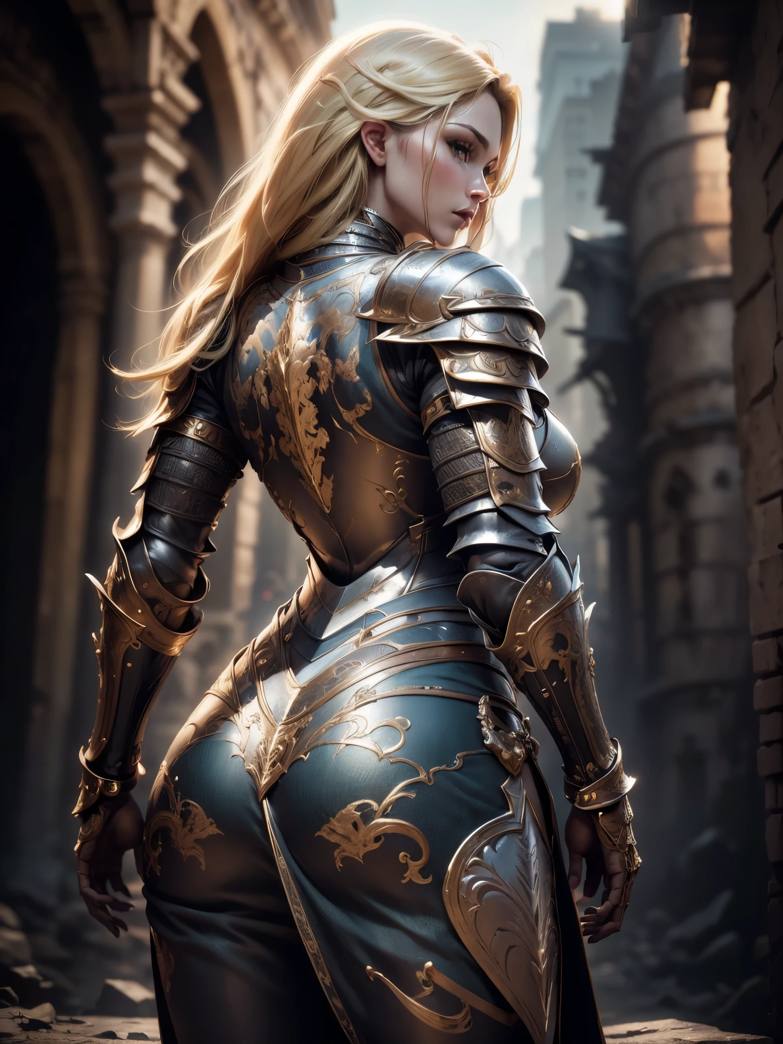 (Masterpiece, Superb Detail, Super Detailed, High Resolution), Male Focus, (((Female Armor))), (((Armor Dress Set))), (She Has Long Blonde Hair, Medium Breasts, Slim, perfect body, beautiful face), (((turn back))), (((show her butt))), Pose for Photo, City Ruins, Background Details, Solo