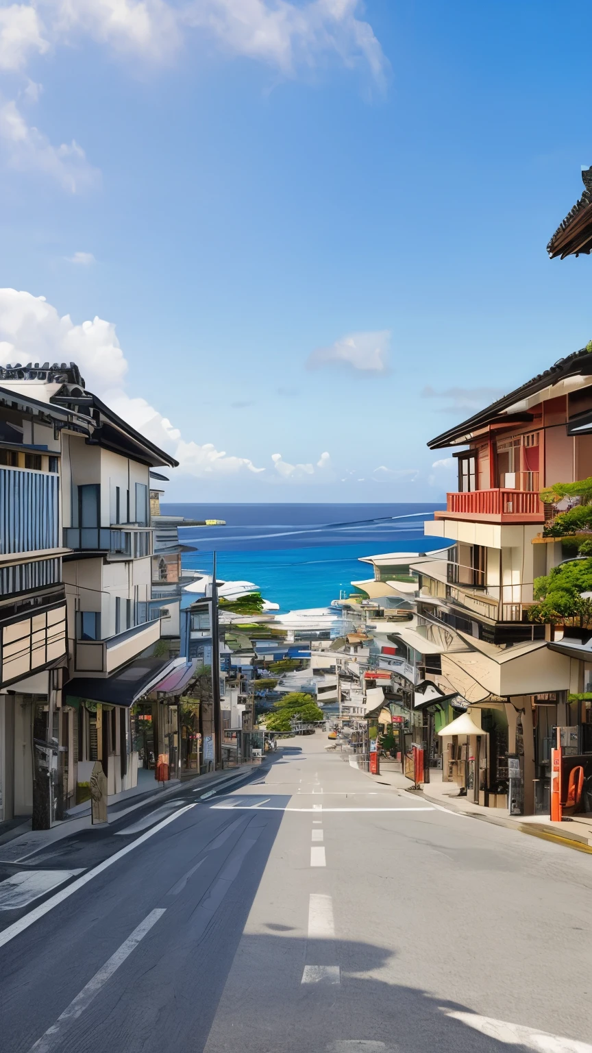 real world、Streetscape、Okinawa、From below、sunset、Shops lined up on both sides、Crisp quality、Continue straight、Real Focus