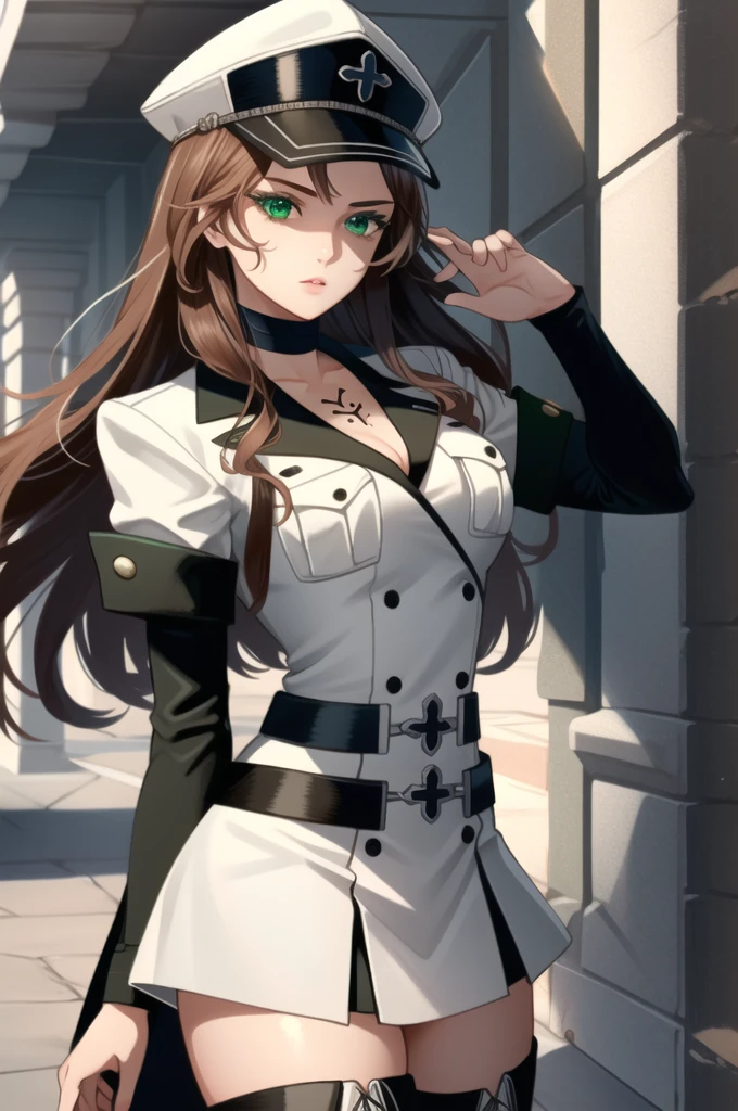 (masterpiece, best quality),  intricate details,
1girl,  dorothea, brown hair, green eyes, long hair, hat, peaked cap, military, uniform, military uniform, choker, thighhighs, boots, thigh boots, white footwear, chest tattoo, 
