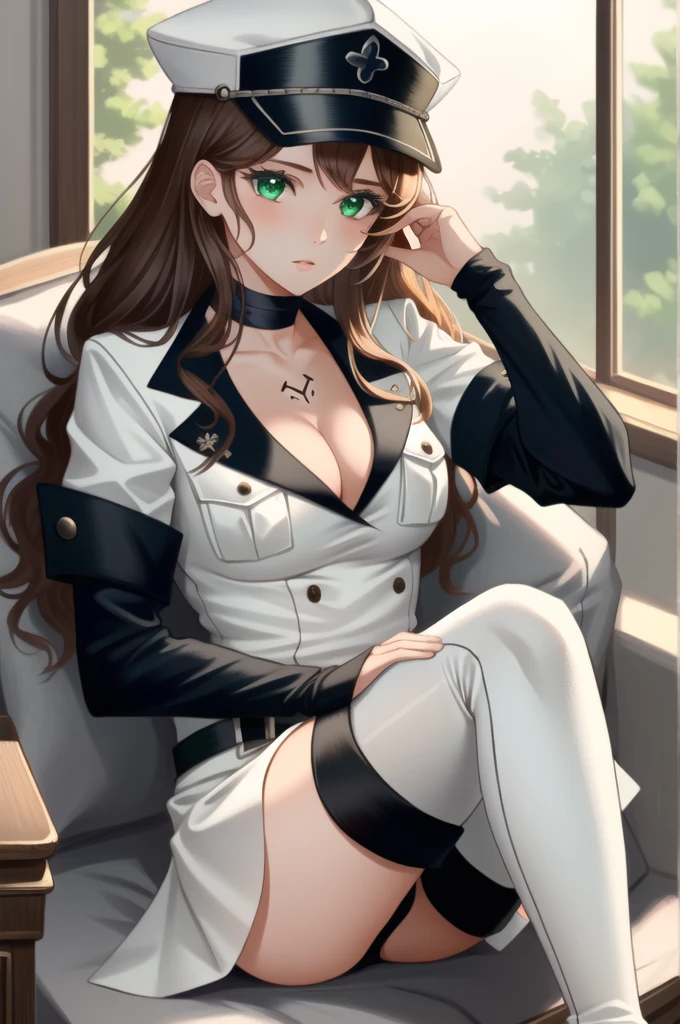 (masterpiece, best quality),  intricate details,
1girl,  dorothea, brown hair, green eyes, long hair, hat, peaked cap, military, uniform, military uniform, choker, thighhighs, boots, thigh boots, white footwear, chest tattoo, 
