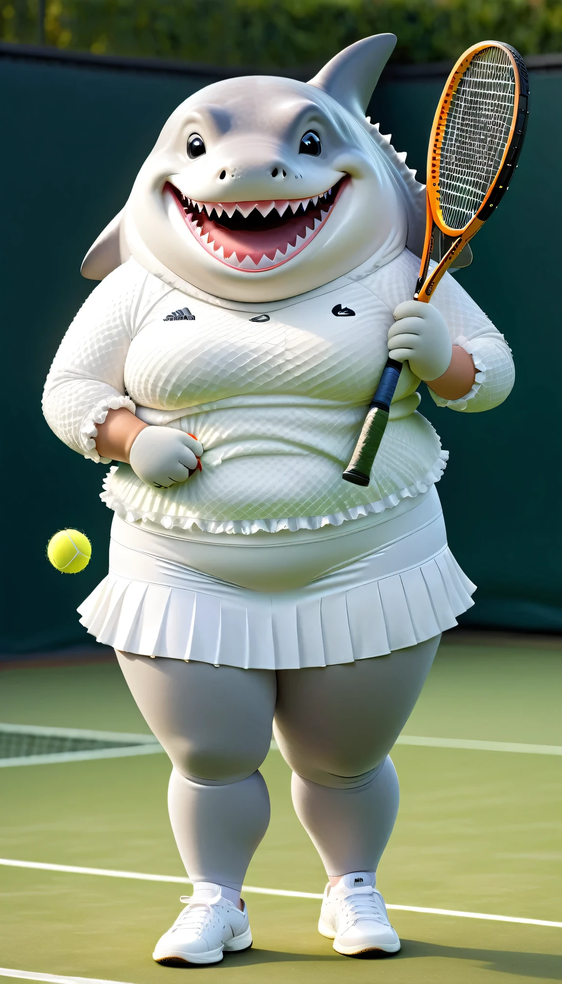 photorealistic portrait of Dressed animals - a (fat) shark tennis player,(hand on hip:1.2),(happy smile),(furry), high quality,(lovely) ,intricate details, highly detailed (female tennis wear),white frilled skirt and , holding tennis racket,　grass tennis court background, (happy), perfect lighting,(full body image:2.0)