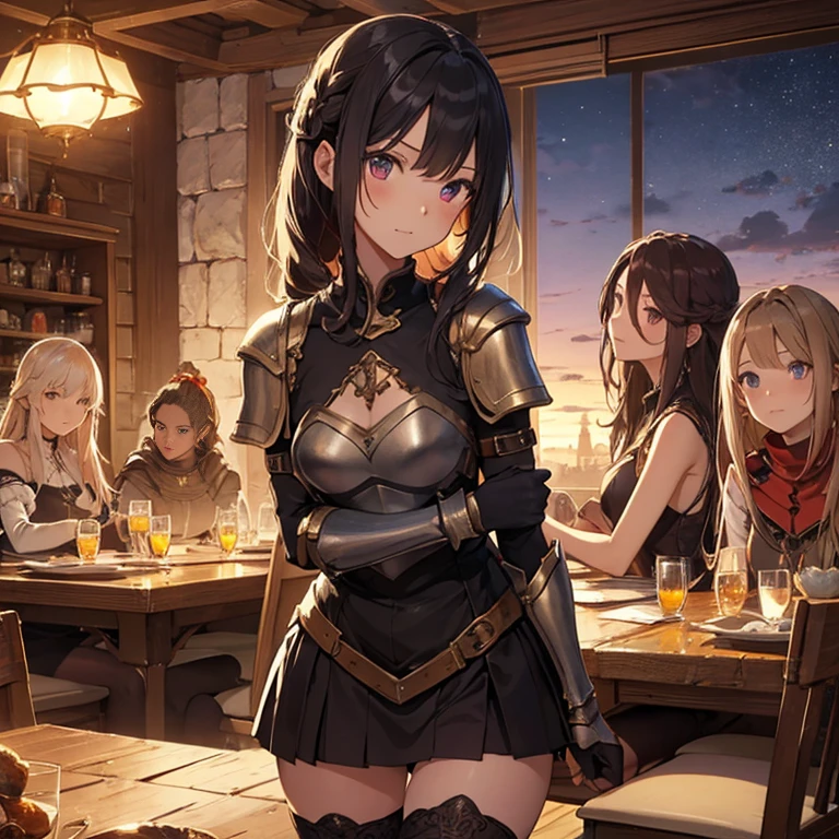 A group of  female medieval fantasy adventurers, (in tavern), various hair styles, harem, night, details face, short skirt, seducing, sleeveless, armor 