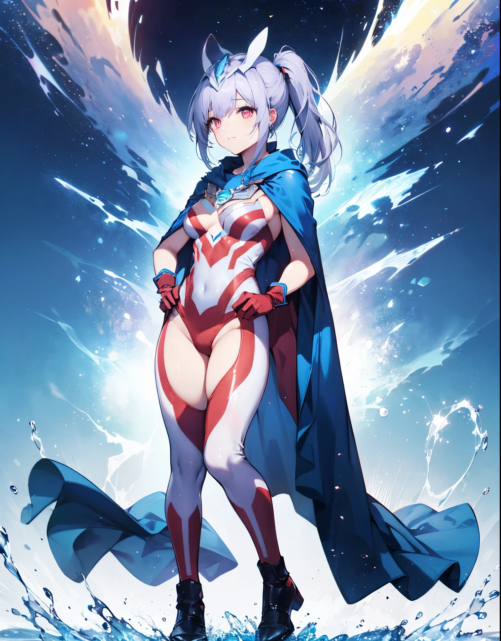 (Close-up:1.3),Realistic,highest quality, Ultra Detail, High-quality CG rendering, The most delicate and beautiful, Floating softly, High resolution, (1 girl), (Highest quality,4K,8K,masterpiece:1.2) ,Light purple hair,Rabbit,Bunny ears,ponytail,Red eyes,(Ultra Girl:1.0),(All blue Ultraman bodysuit:1.4),(All blue gloves:1.3),(All blue shoes:1.3),(Blue Cape:1.3), (Clenched Fist:1.2),(Place your hands on your hips:1.2)