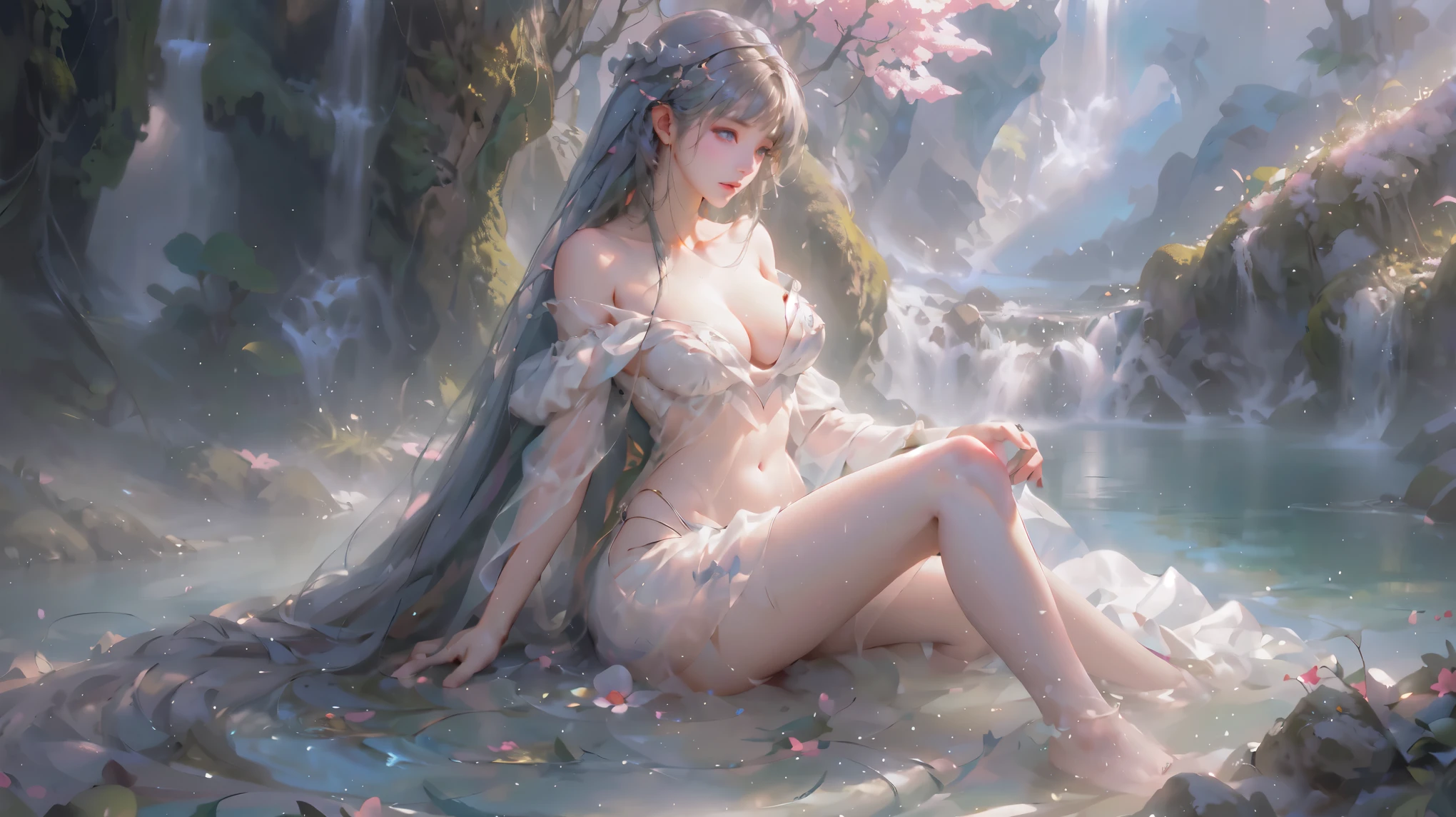 （Girl washing clothes by the river：2.0）, , Ethereal Background, Mysterious atmosphere, rich and colorful, Complex Mode, atmosphere, 超high resolution, (Realistically:1.4), RAW photos,16K,drama灯光,Wet semi-transparent dress：1.9，Showing shoulders and thighs，Breasts that droop outwards，hyper-realistic illustration, high resolution, Super detailed, absurd,(Fractal Art:1.3)、Long straight hair、Princess hairstyle，Random hair color、full-body shot、high quality、Precise focus、4D Cinema、drama，watercourse，shrub，Outdoors in the wild，rock，(Off-shoulder: 1.2),Pretty Face, beautiful eyes,cute girl