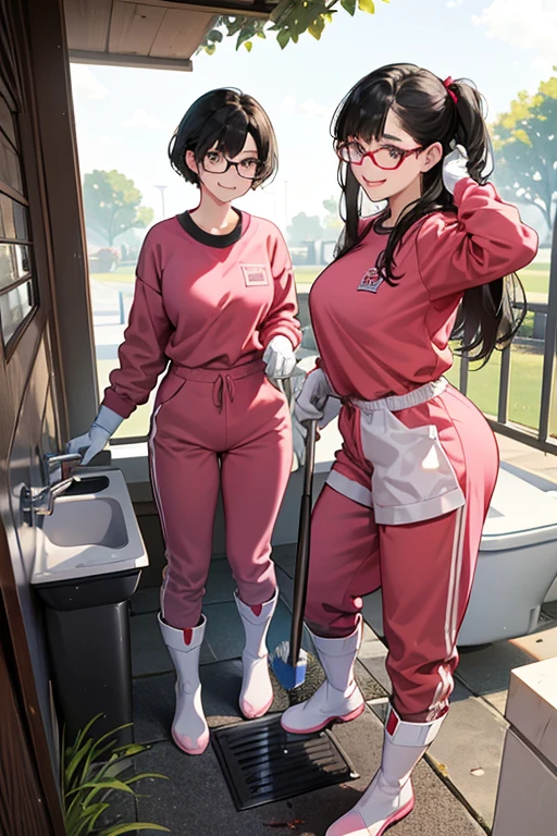 Two high school girls with short black hair and glasses, wearing red long sleeves, long pants and gym clothes, wearing white rubber boots and large pink rubber gloves, smiling as they clean a dirty public toilet in a park