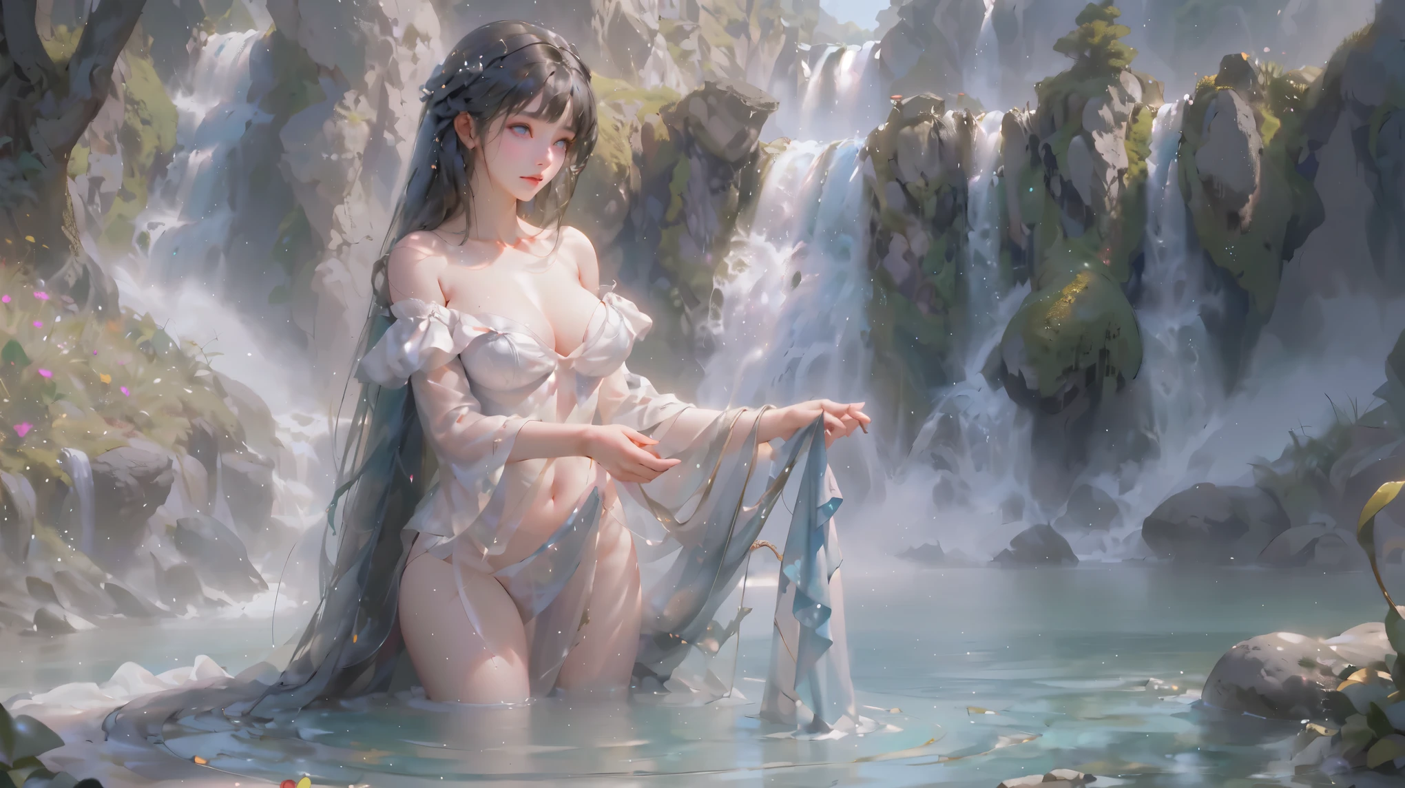 （Girl washing clothes by the river：2.0）, , Ethereal Background, Mysterious atmosphere, rich and colorful, Complex Mode, atmosphere, 超high resolution, (Realistically:1.4), RAW photos,16K,drama灯光,Wet semi-transparent dress：1.9，Showing shoulders and thighs，Breasts that droop outwards，hyper-realistic illustration, high resolution, Super detailed, absurd,(Fractal Art:1.3)、Long straight hair、Princess hairstyle，Random hair color、full-body shot、high quality、Precise focus、4D Cinema、drama，watercourse，shrub，Outdoors in the wild，rock，(Off-shoulder: 1.2),Pretty Face, beautiful eyes,cute girl