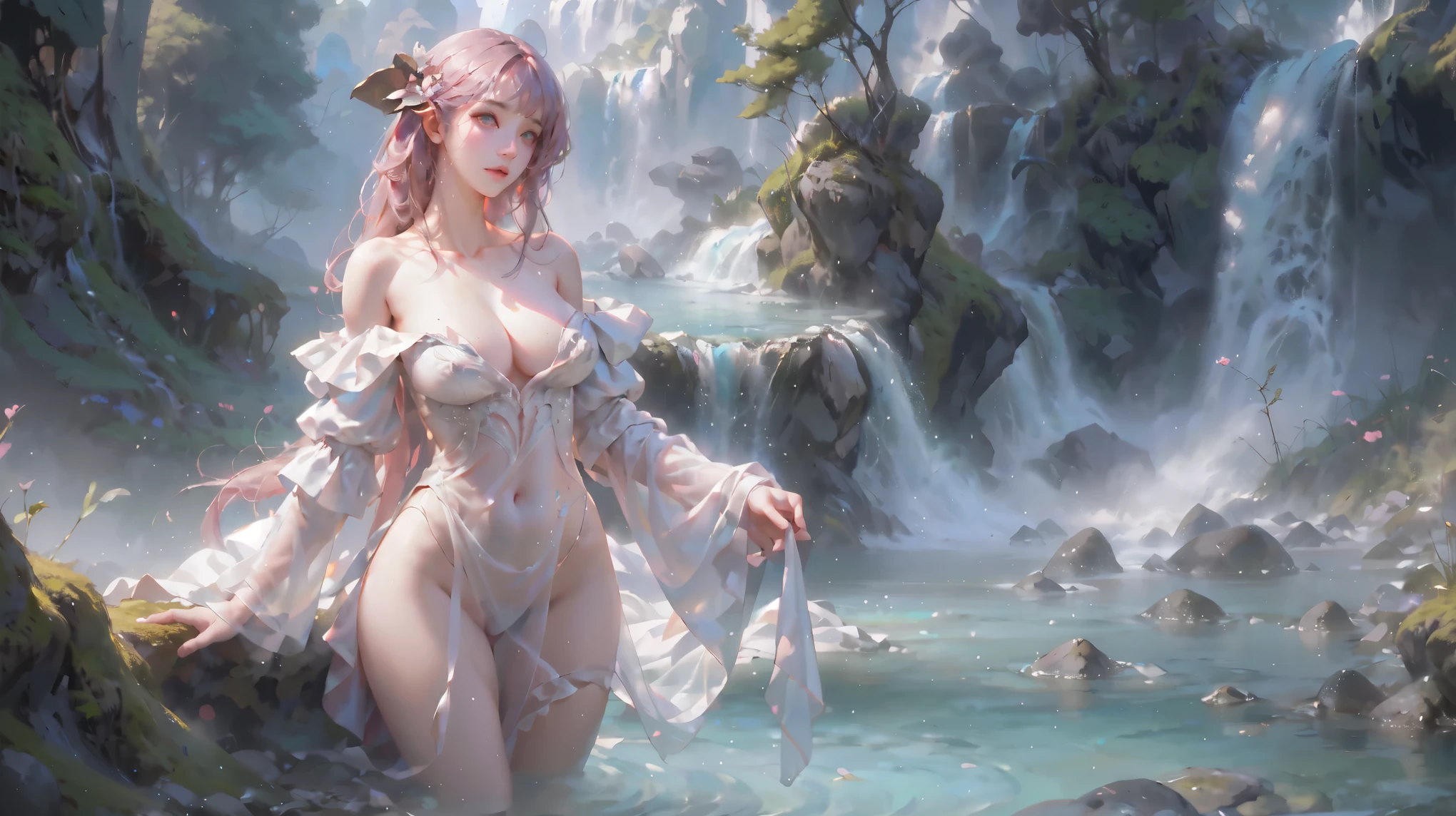 （Girl washing clothes by the river：2.0）, , Ethereal Background, Mysterious atmosphere, rich and colorful, Complex Mode, atmosphere, 超high resolution, (Realistically:1.4), RAW photos,16K,drama灯光,Wet semi-transparent dress：1.9，Showing shoulders and thighs，Breasts that droop outwards，hyper-realistic illustration, high resolution, Super detailed, absurd,(Fractal Art:1.3)、Long straight hair、Princess hairstyle，Random hair color、full-body shot、high quality、Precise focus、4D Cinema、drama，watercourse，shrub，Outdoors in the wild，rock，(Off-shoulder: 1.2),Pretty Face, beautiful eyes,cute girl